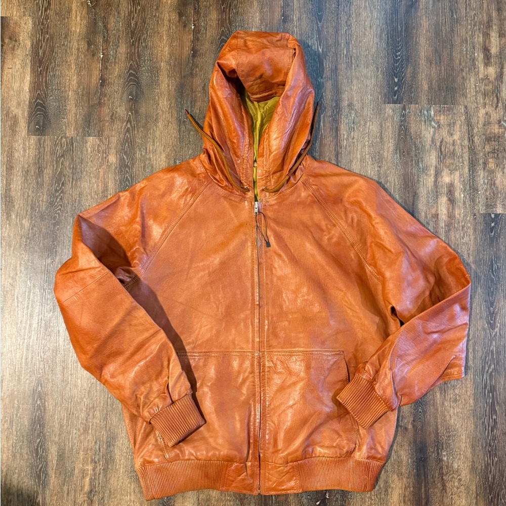 British Tan leather hoodie .  Handmade by MGÜL